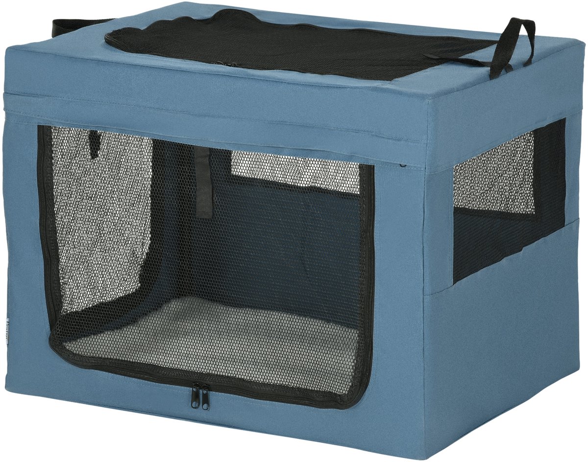 Opvouwbare transporttas voor huisdieren, met handgreep, opening boven, netstof, 69 x 51 x 51 cm, blauw/zwart