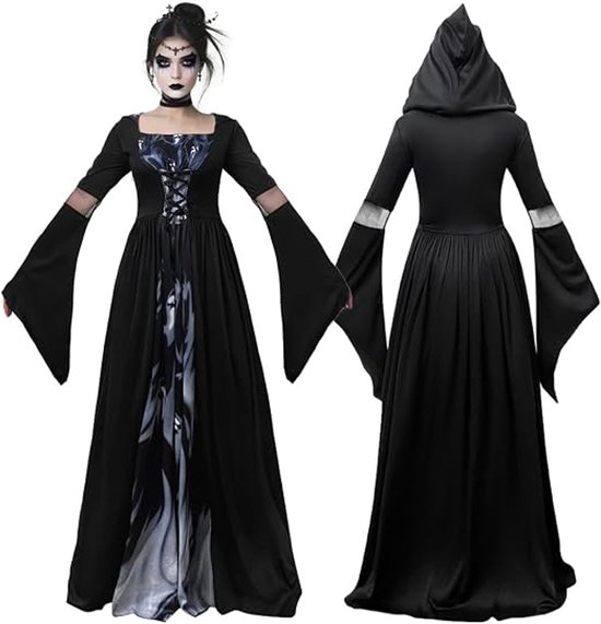 Vrouwen Gotische Jurk - Heks Vampier Kostuum voor Volwassenen - Victoriaanse Met Kap - Middeleeuws Renaissance Halloween Cosplay Outfit - M