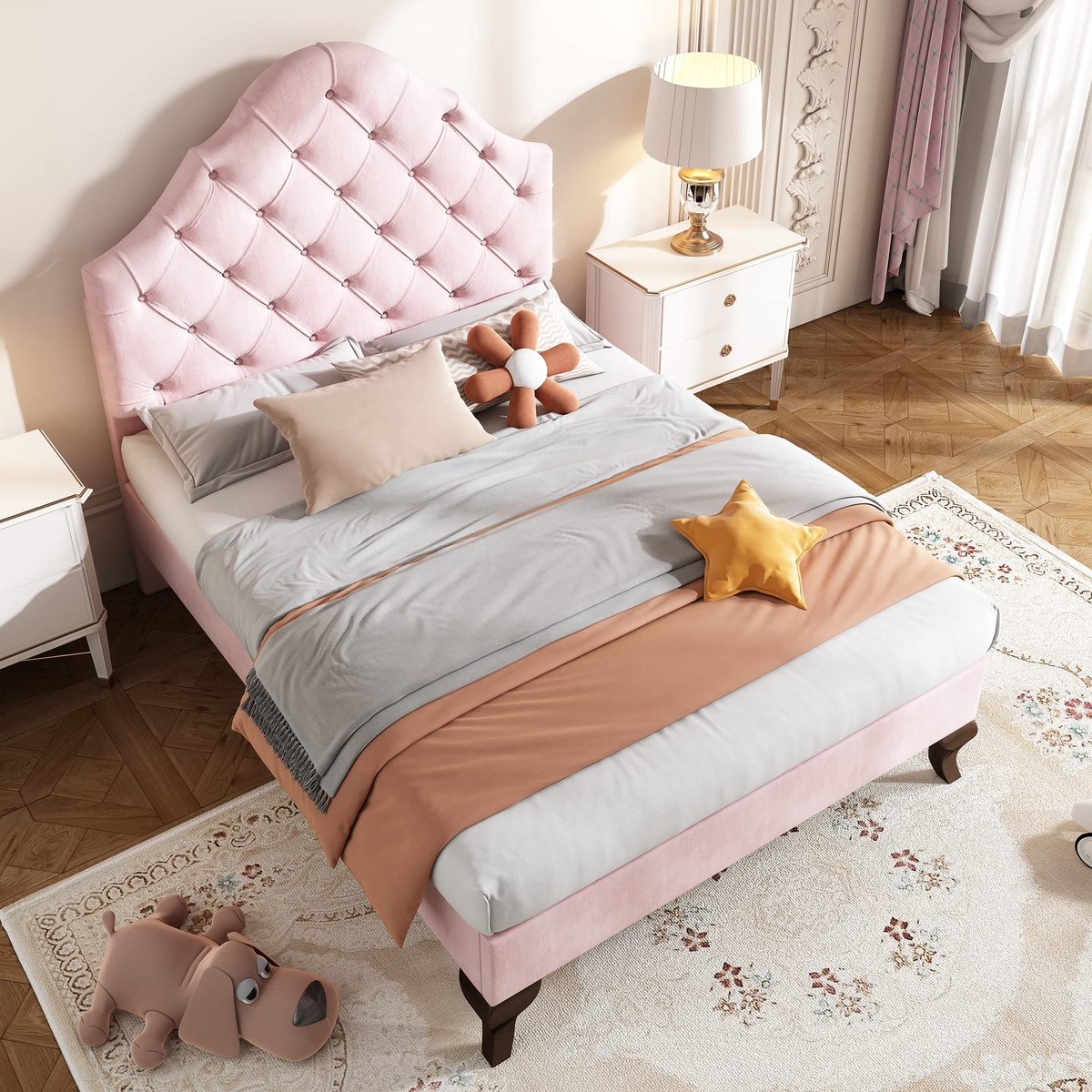 Eenpersoonsbed - 90 x 200 cm - Roze Velours met Verstelbare Hoofdeinde