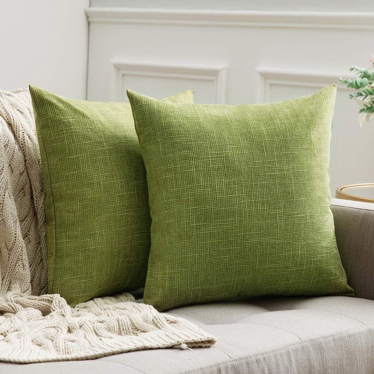 Decoratieve Kussenhoezen Set van 2, Linnen Look, Verstevigde Kussens voor Sofa en Slaapkamer, 40 x 40 cm, Groene Kleur met Verborgen Rits
