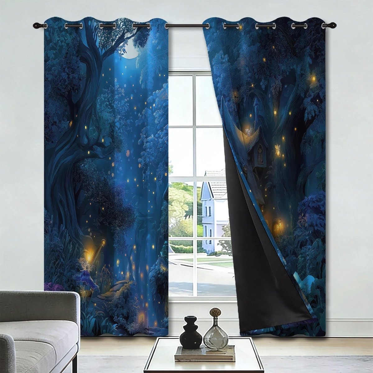 Verduisteringsgordijnen met Maan en Vuurvliegen - 140x160cm - 2 Panelen