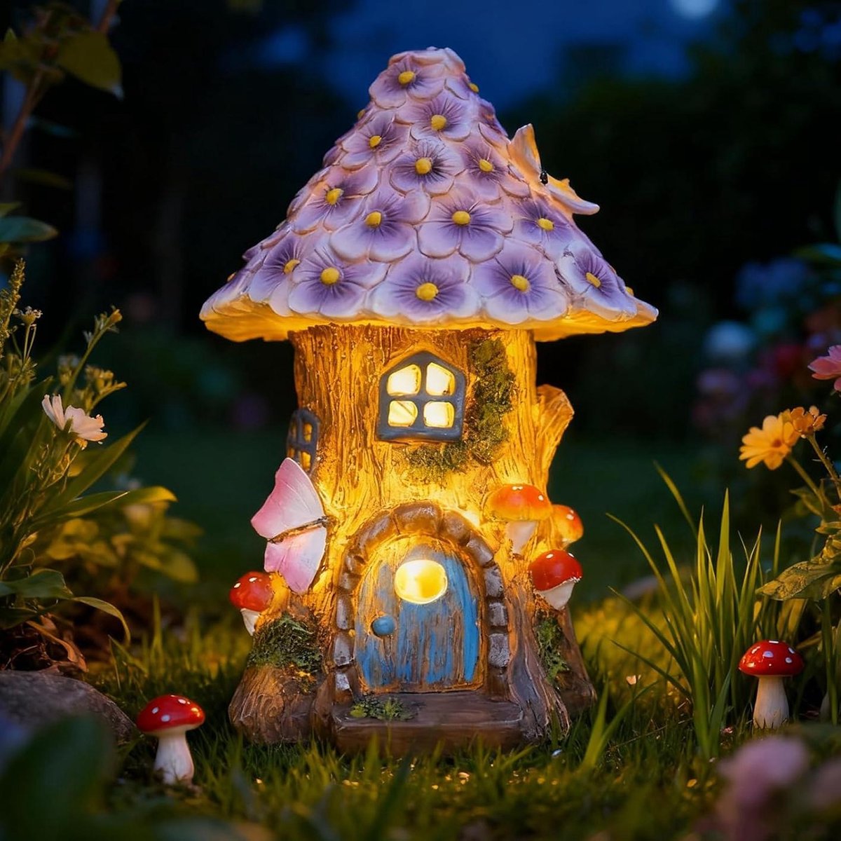 longziming - Tuinverlichting op Zonne-energie - LED Feeënhuis met Paddenstoelontwerp - Feënhuis Tuindecoratie met Solarlamp - IP44 Waterdicht - 6-12 Uur Verlichting - Voor Tuin, Terras en Patio