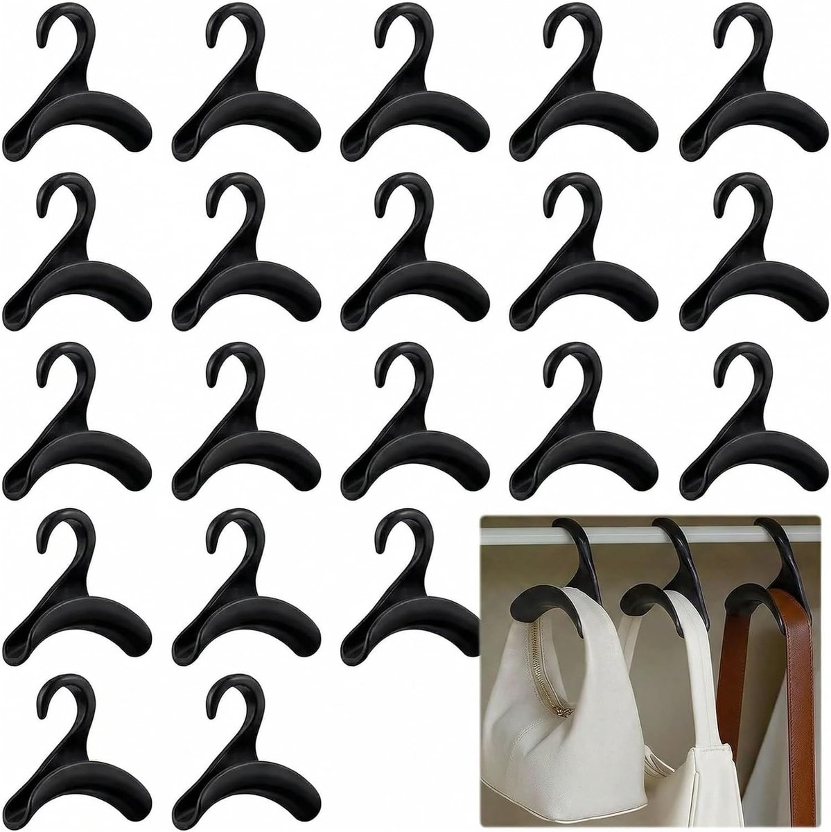 Set van 20 Tas Haakjes voor Handtassen, Rugzakken en Sjaals - Ideaal voor Organisatie en Ruimtebesparing (Zwart)