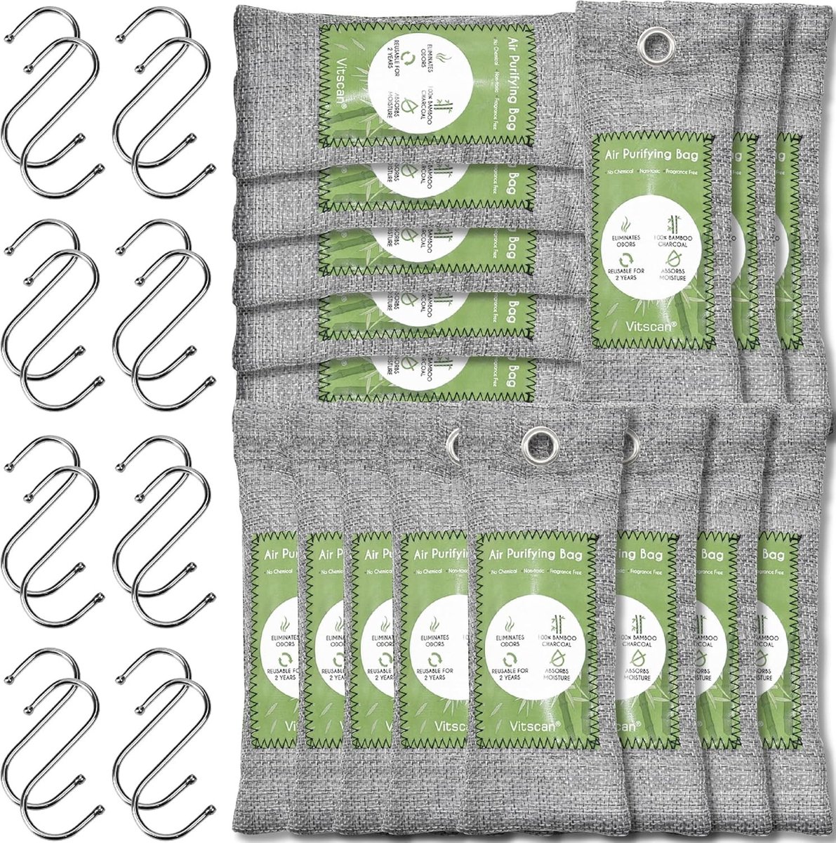 Natuurlijke Luchtzuiveringszakken met Actieve Koolstof voor Geurabsorptie en Vochtabsorptie - Ideaal voor Auto, Schoenen en Huisdieren (Klein, 16 Stuks)