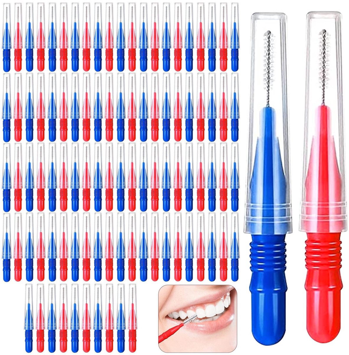 Interdentale Borstels Set van 100 - Herbruikbaar, Rood/Blauw
