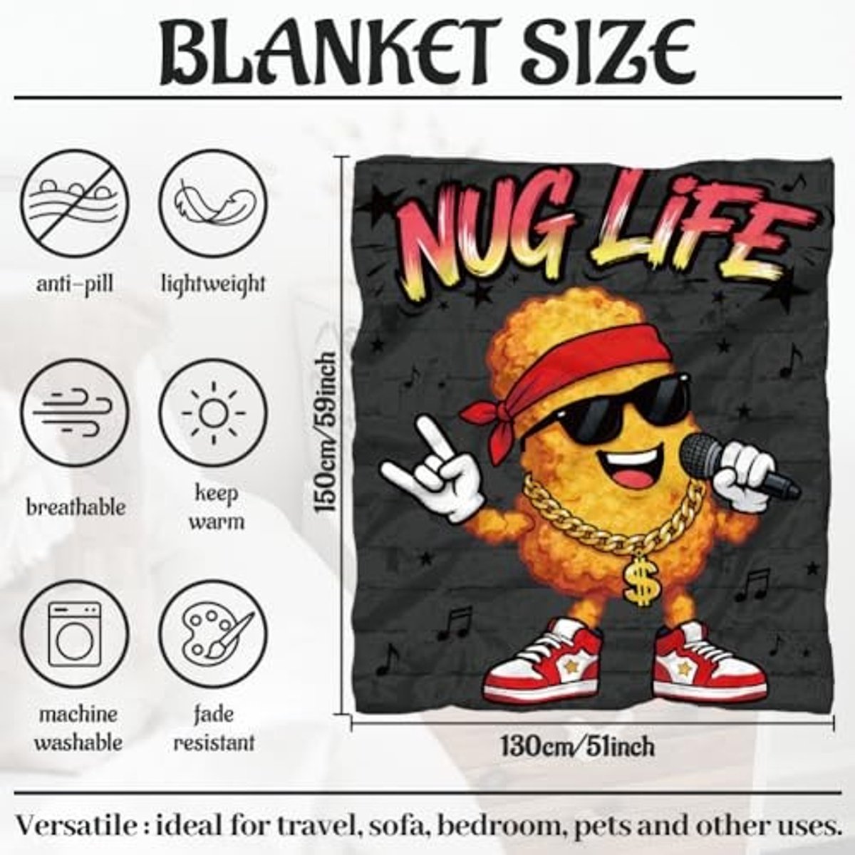 Knuffeldeken Nug Life - Hip Hop Design - 150 x 130 cm