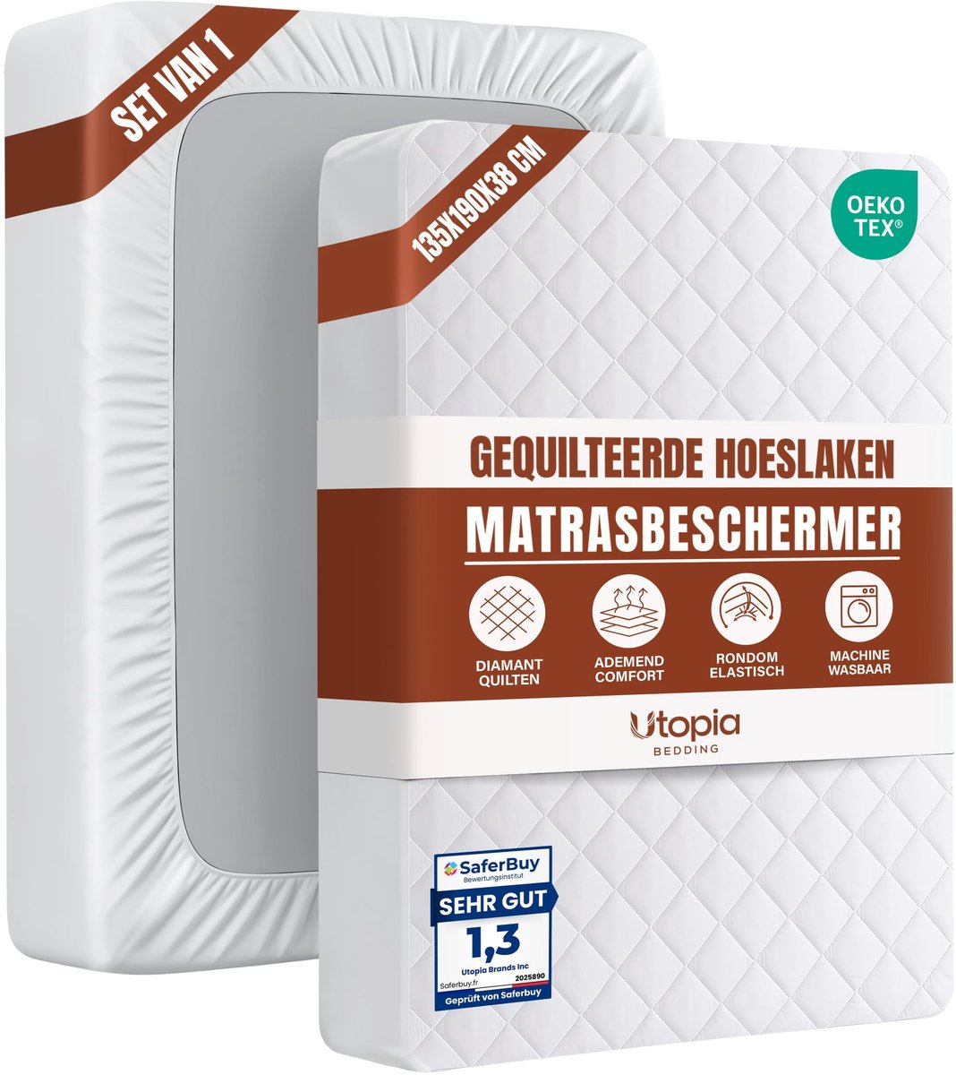 Gequilte Matraskap met Diepe Hoeken - Wit, 135x190cm