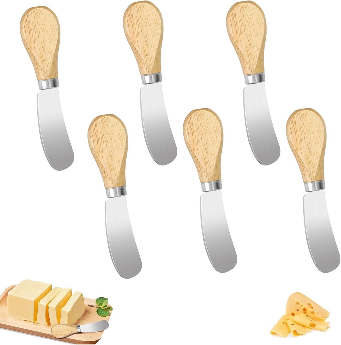 Multifunctionele Botermessen Set van 6 - Houten Handvat, RVS, Ideaal voor Boter, Kaas en Jam Verspreiden