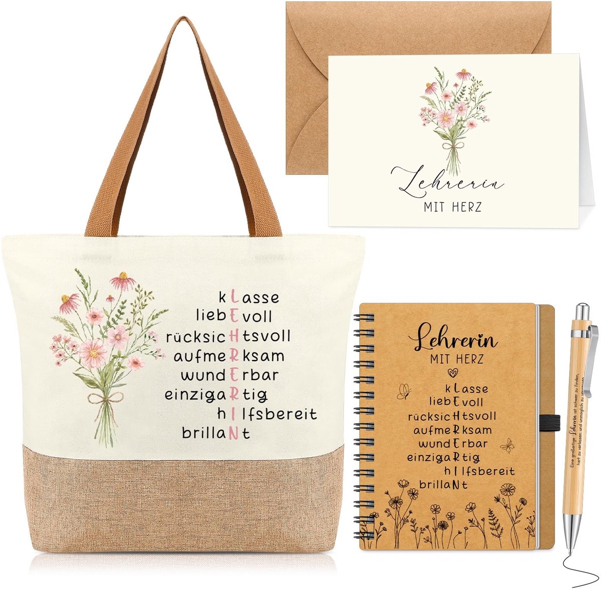 Bedankcadeauset voor Leraren - 5 Delig met Jute Tassen en Balpennen