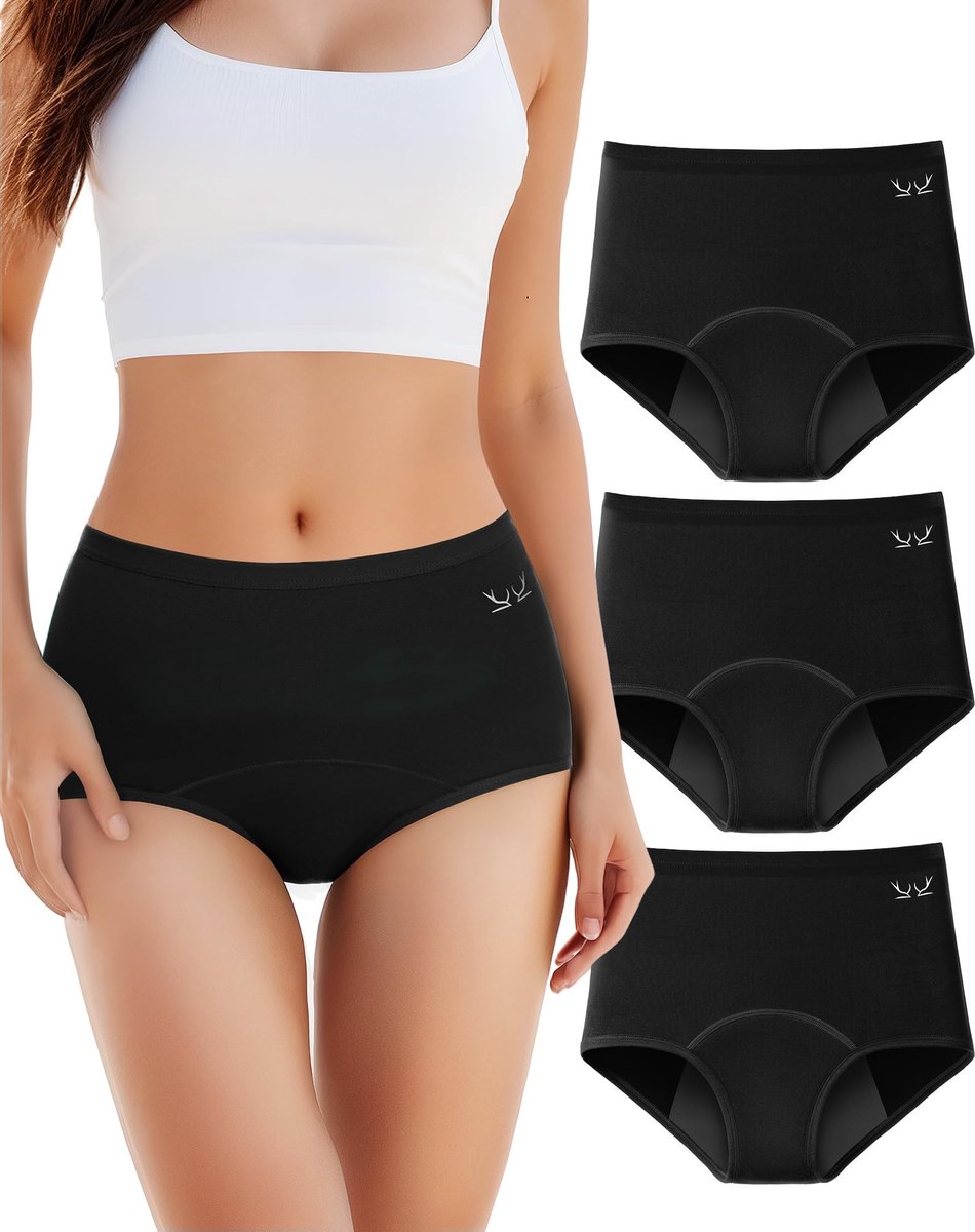 Dames Ondergoed - Hoge Taille Katoenen Menstruatiebrief - Zwart 3 stuks