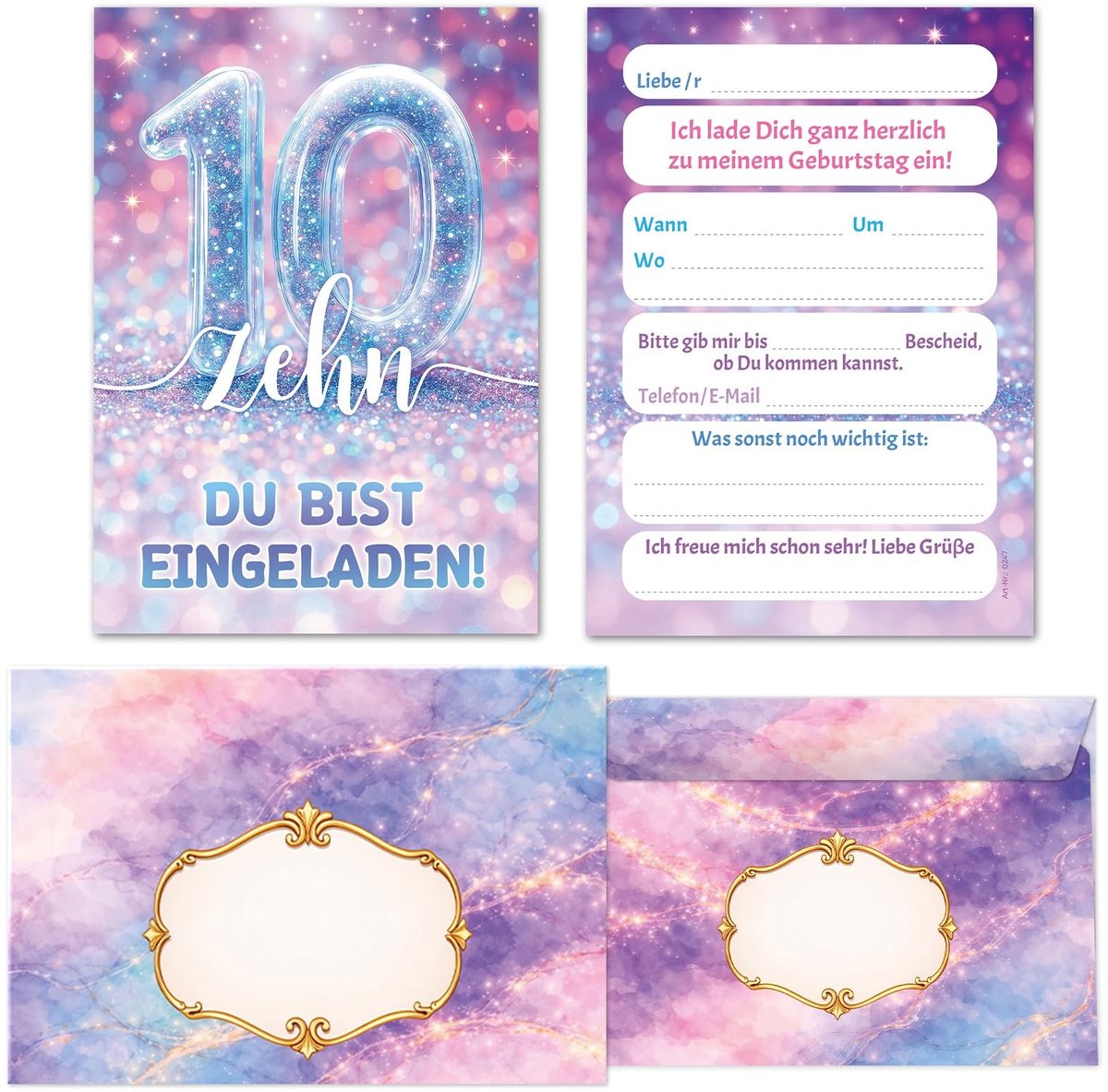 Uitnodigingskaarten 10e verjaardag - Set van 8 kaarten en enveloppen