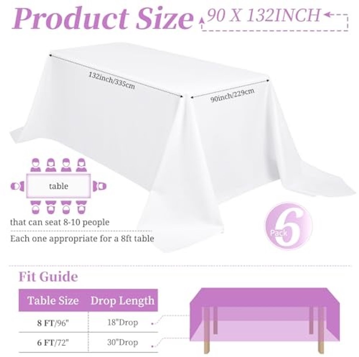 6 Stuks Witte Polyester Tafellaken - 90 x 132 Inch