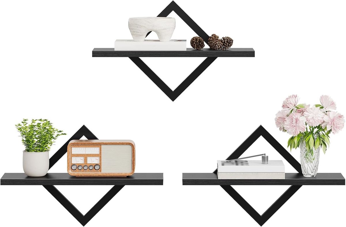 Set van 3 zwevende planken met metalen frame en diamantpatroon voor woonkamer, slaapkamer, keuken en kantoor, zwart