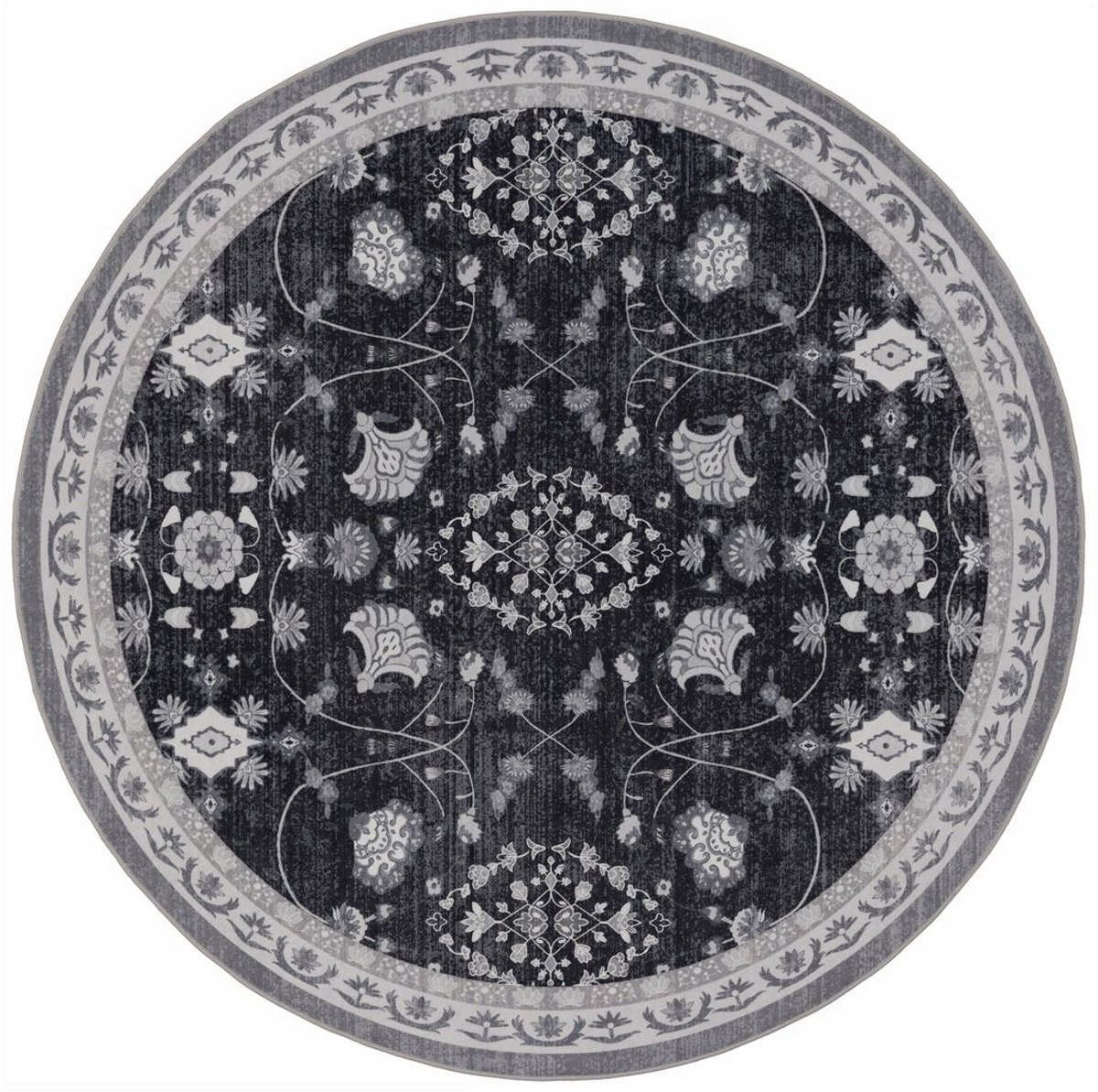 Dutch XXL Rond Vintage Vloerkleed | Tapijt | Inka | Bloemen | Zwart | 200x200 cm