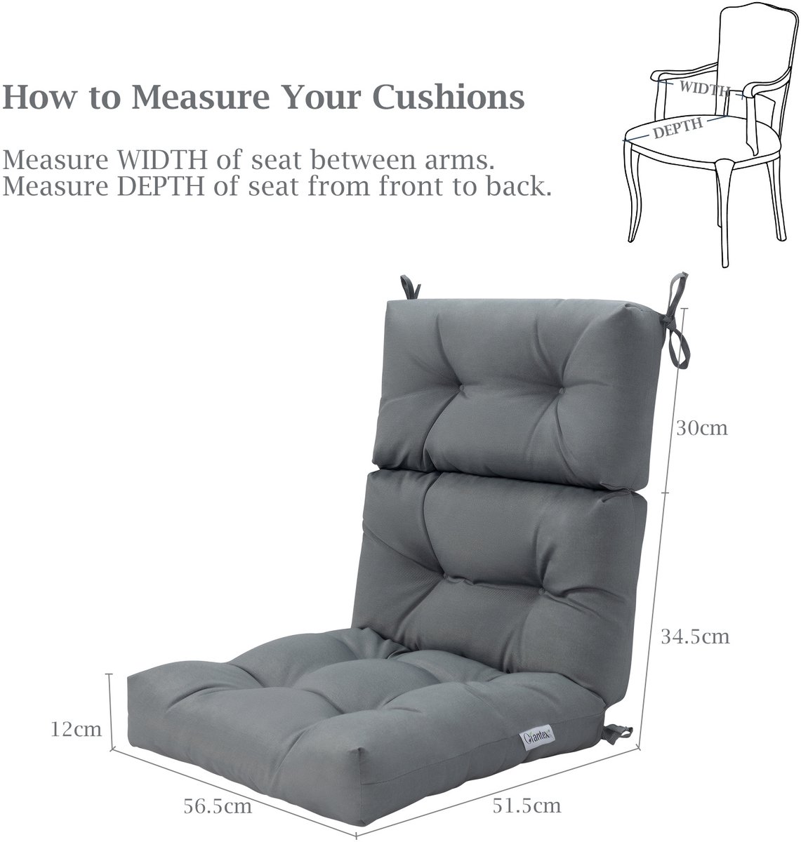 SureDeal® - Fauteuil - Stucks Kussen - Hoge Rugleuning Zitkussen - Terrasstoel Antislip Touwriemen - 56,5x51,5x64,5 cm - Grijs