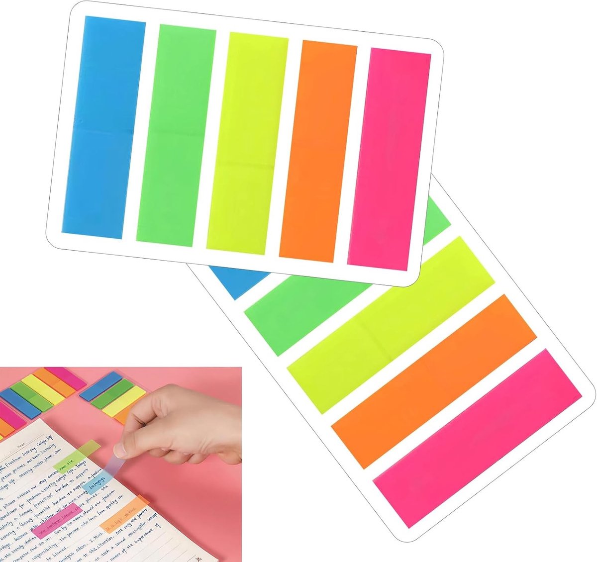 200 zelfklevende indexstrips (45 x 12 mm) in transparante kleuren voor het markeren van belangrijke informatie, blauw, groen, geel, oranje, roze