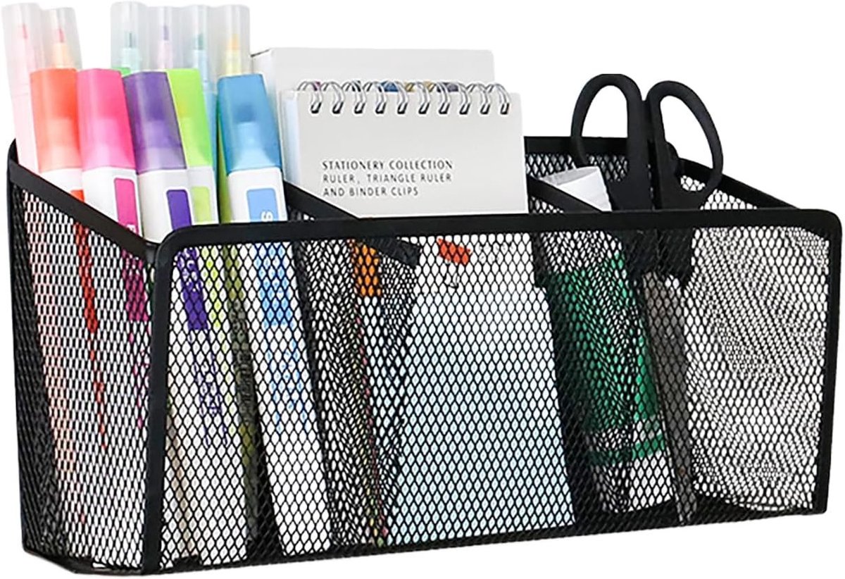 Zwart metalen pennenhouder met 3 compartimenten, bureau-organizer en opbergdoos voor kantooraccessoires