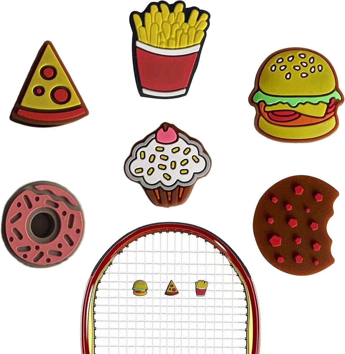 Tennis Vibration Absorbers - 6 Stuks Silicone Racket Dempers voor Verminderen van Schokken en Trillingen tijdens Tennis Spel, Hamburger en Frietjes Vorm