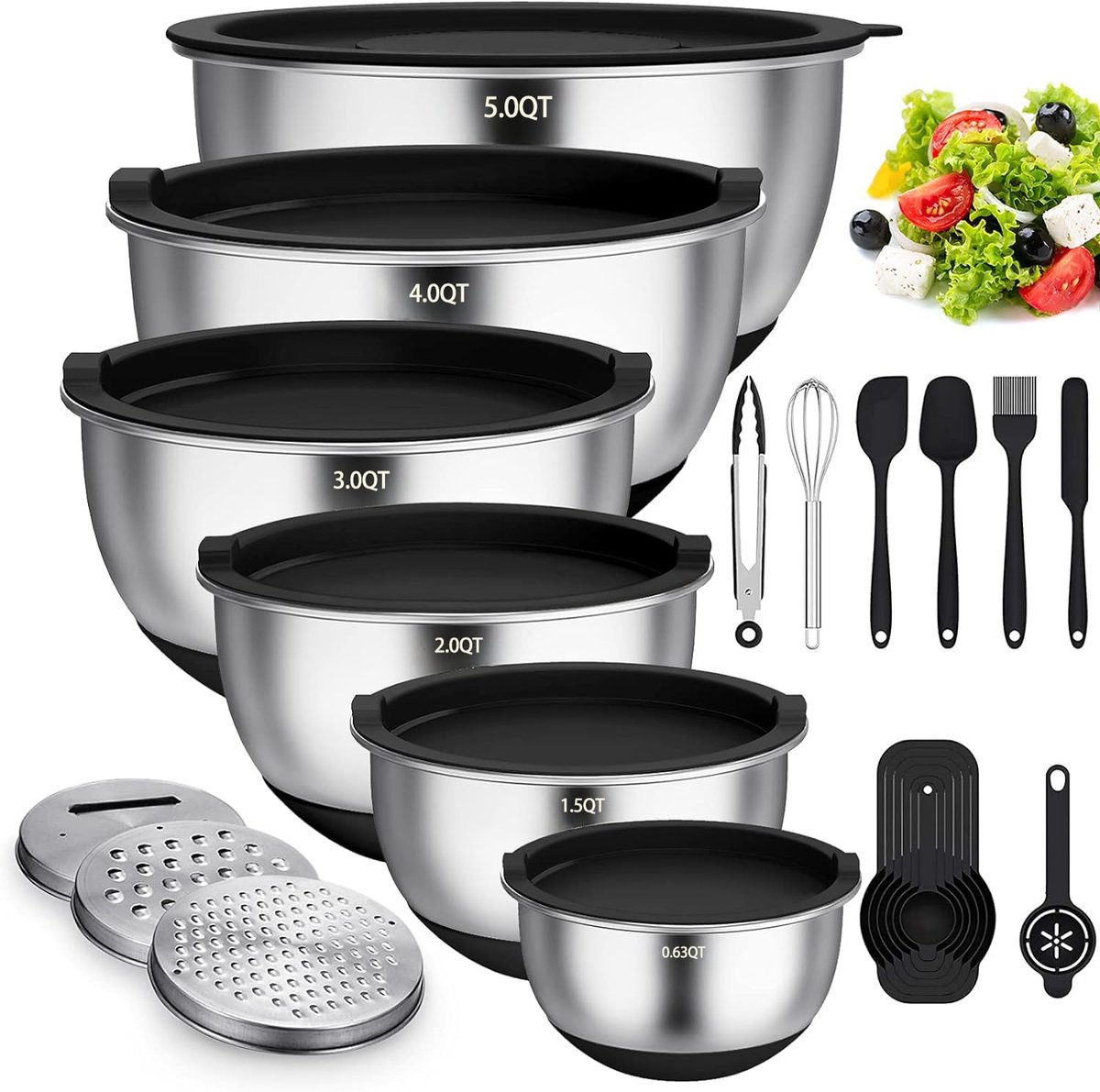 Mengkommen Set van 6 - Roestvrijstaal met Deksel, Siliconen Bodem en 3 Rasp Opzetstukken - Antislip en Stapelbaar voor Salades en Beslag - Zwart - 4.7l, 3.8l, 2.8l, 1.9l, 1.4l, 0.6l