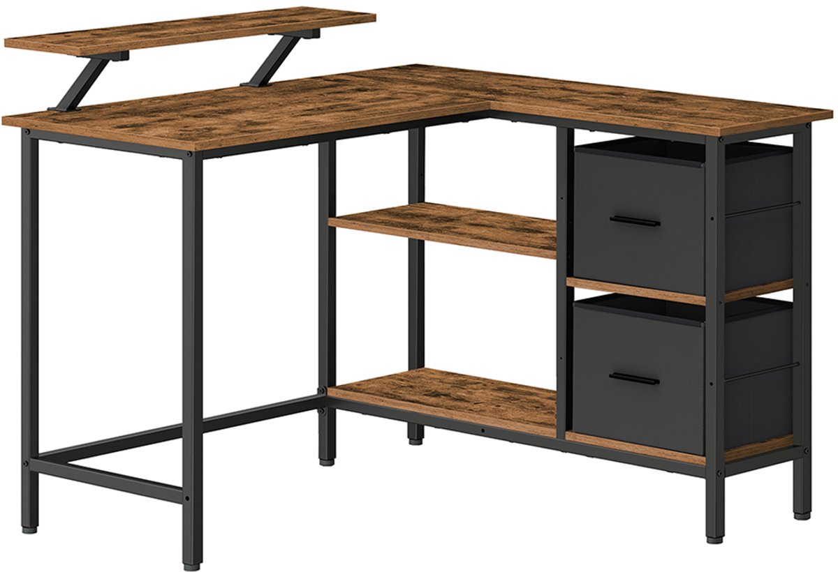 Bureau 105 x 115 x 89,5 cm Bruin + Zwart, L-vormig Bureau, Computerbureau, Werktafel, Thuiskantoor, 2 Lades, Verstelbare Opbergrekken, Metalen Frame, Hoekbureau, Kantoorbureau