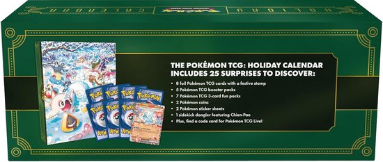 Verpakking van de Pokémon TCG Holiday Calendar met een lijst van 25 verrassingen.
