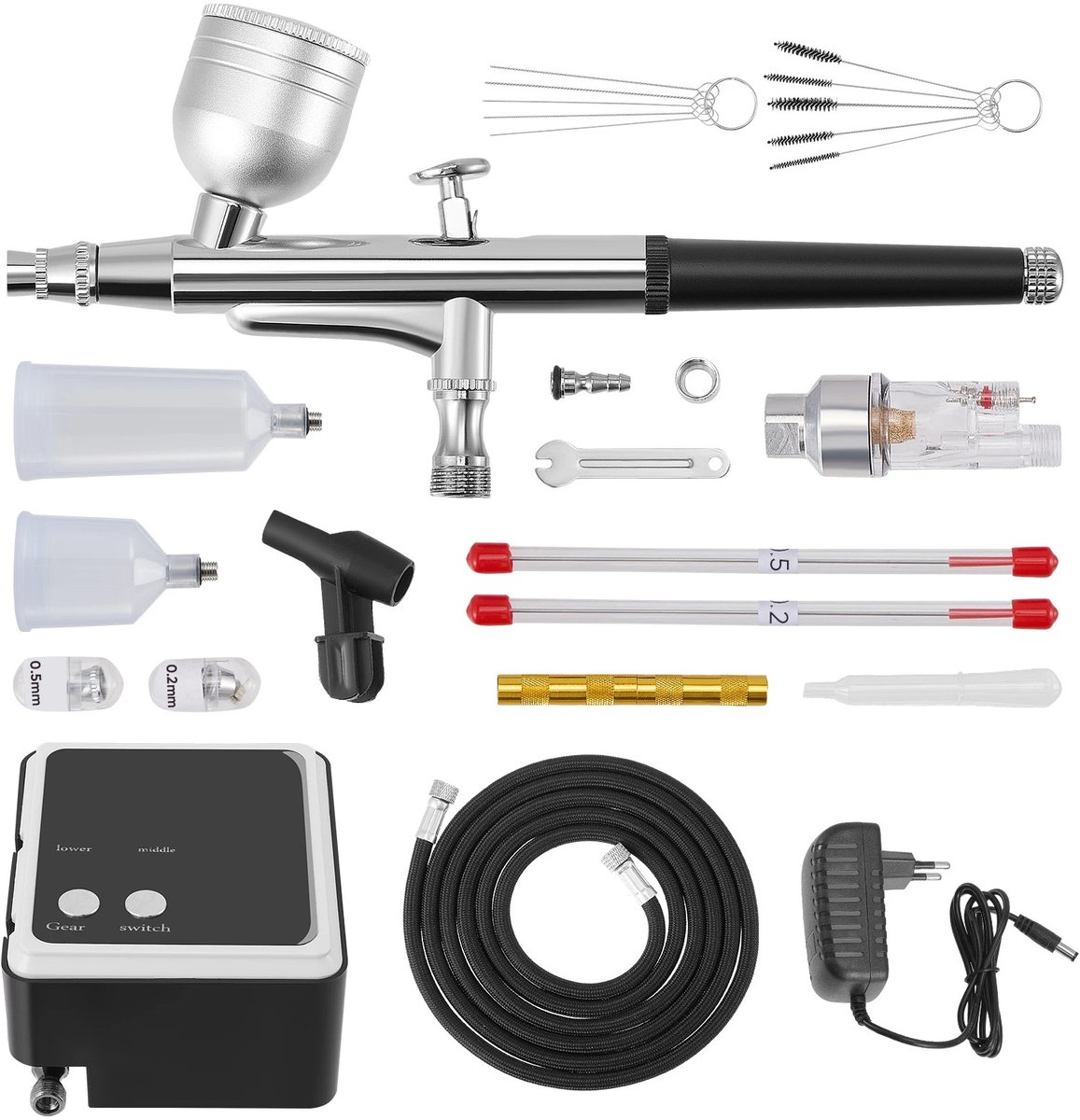 Nyoz airbush kit - Verfspuit - Airbush pistool - 3 mondstukmaten - Dual action - 36 PSI compressor - 10-13 L/min - Complete set
