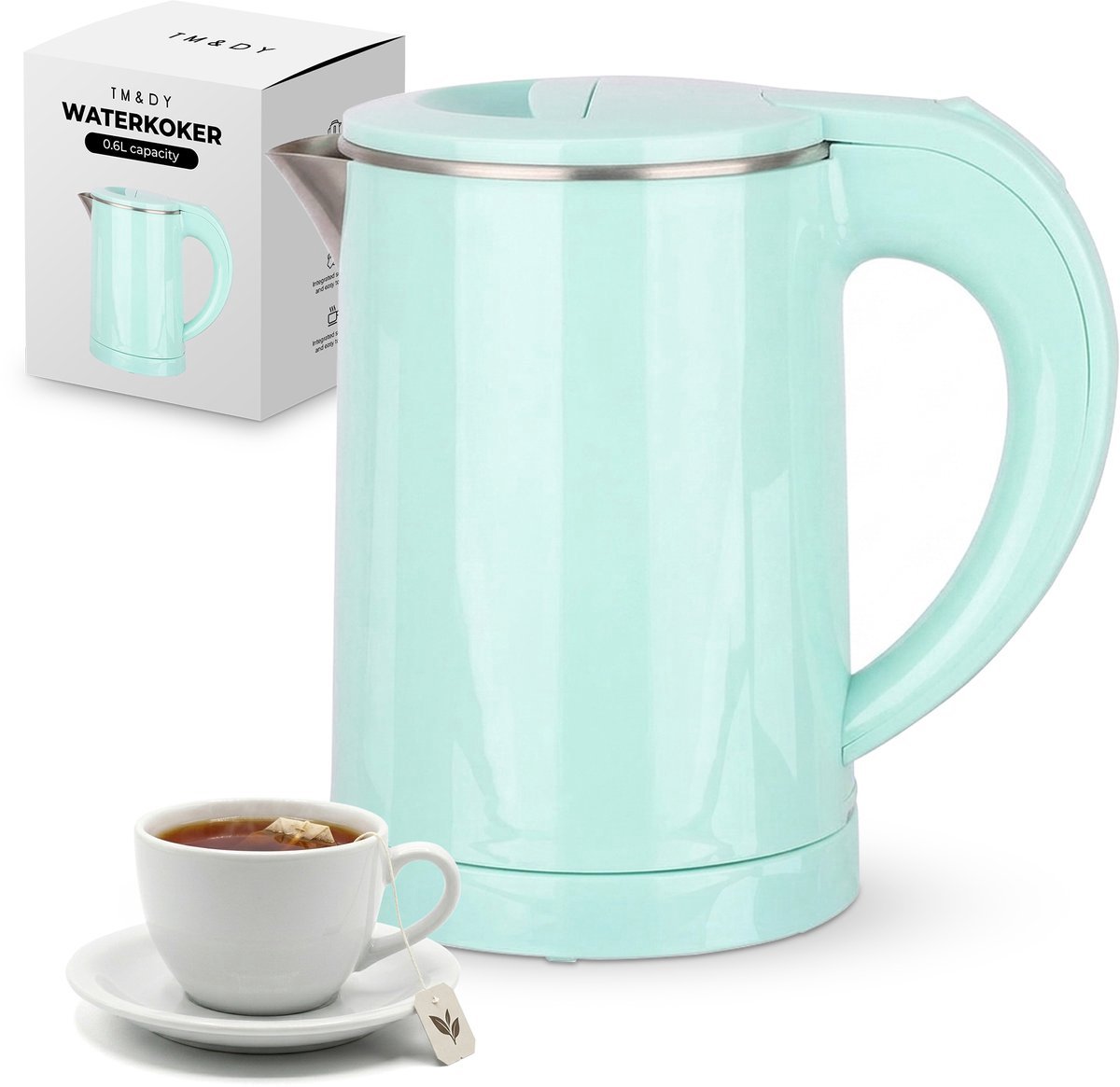TM&DY Waterkoker - 0,6 Liter – 600W – Reis Waterkoker - Dubbelwandige Isolatie – RVS Binnenwerk – Camping Waterkoker - Automatische Uitschakeling – Mintgroen