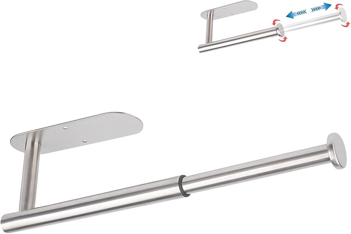 Keukenrolhouder - Zilver - 23-36 cm - Verstelbare Wandhouder zonder Boren - Voor Keuken, Badkamer, Garage