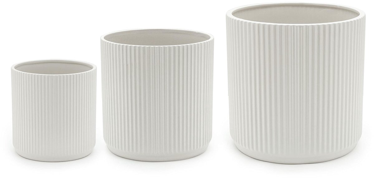 Famanu – Plantenbakken, rond, gegolfd keramiek, verschillende maten, set van 3, wit, 15,2 cm, 20,3 cm en 25,4 cm