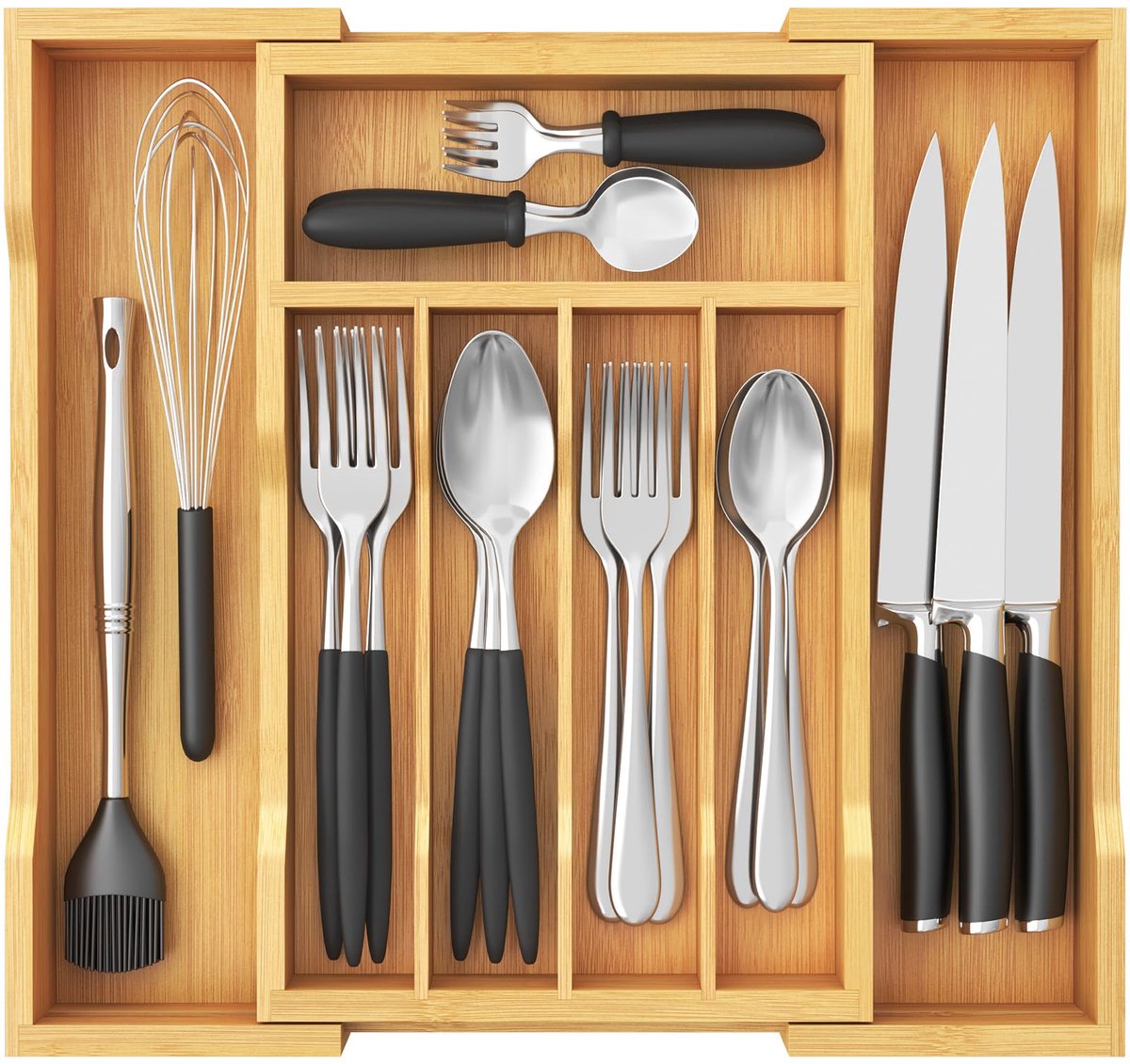 Famanu – Bamboe bestekbak voor lades, verstelbare besteklade organizer van 24-40 cm breed, diepte 33 cm, voor lepels, vorken en messen