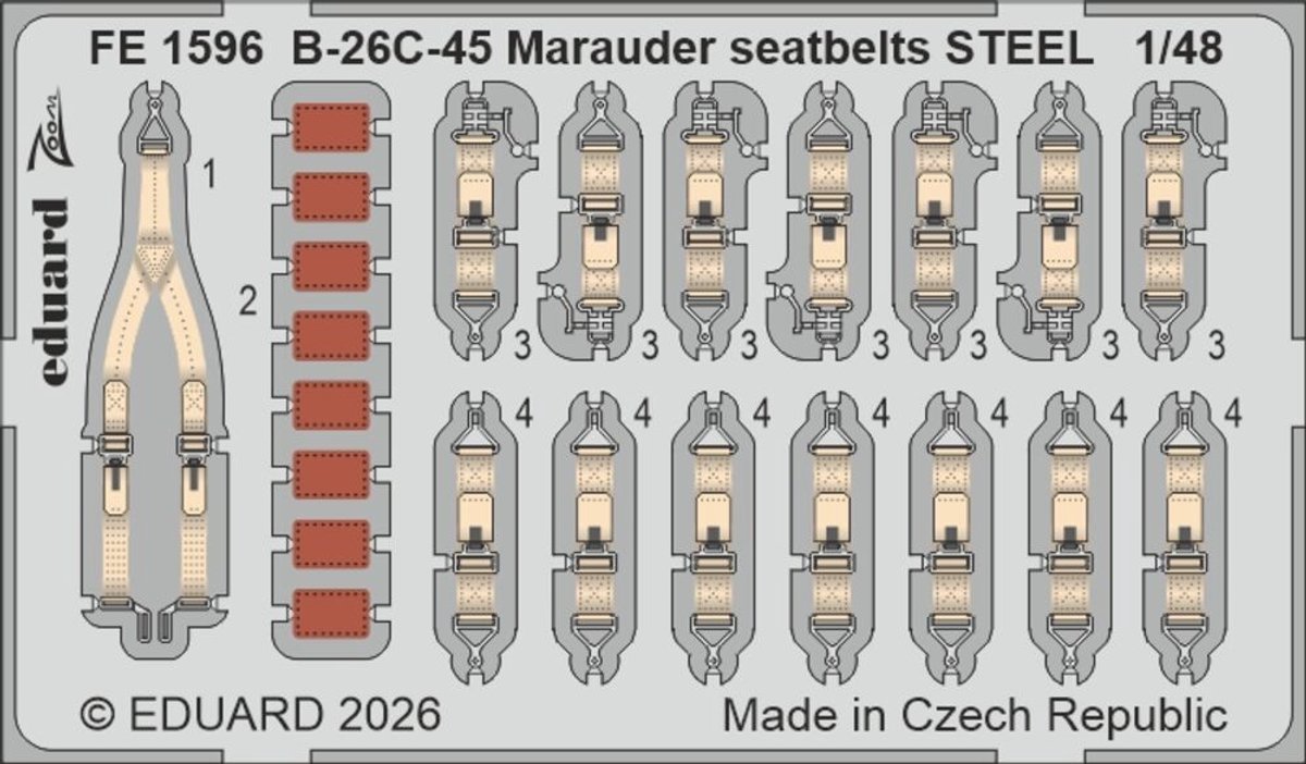 Eduard Modelbouwdecoratie - FE1596 Zoom Set - Stalen Veiligheidsgordels voor Martin B-26C-45 Marauder - Photo-etch