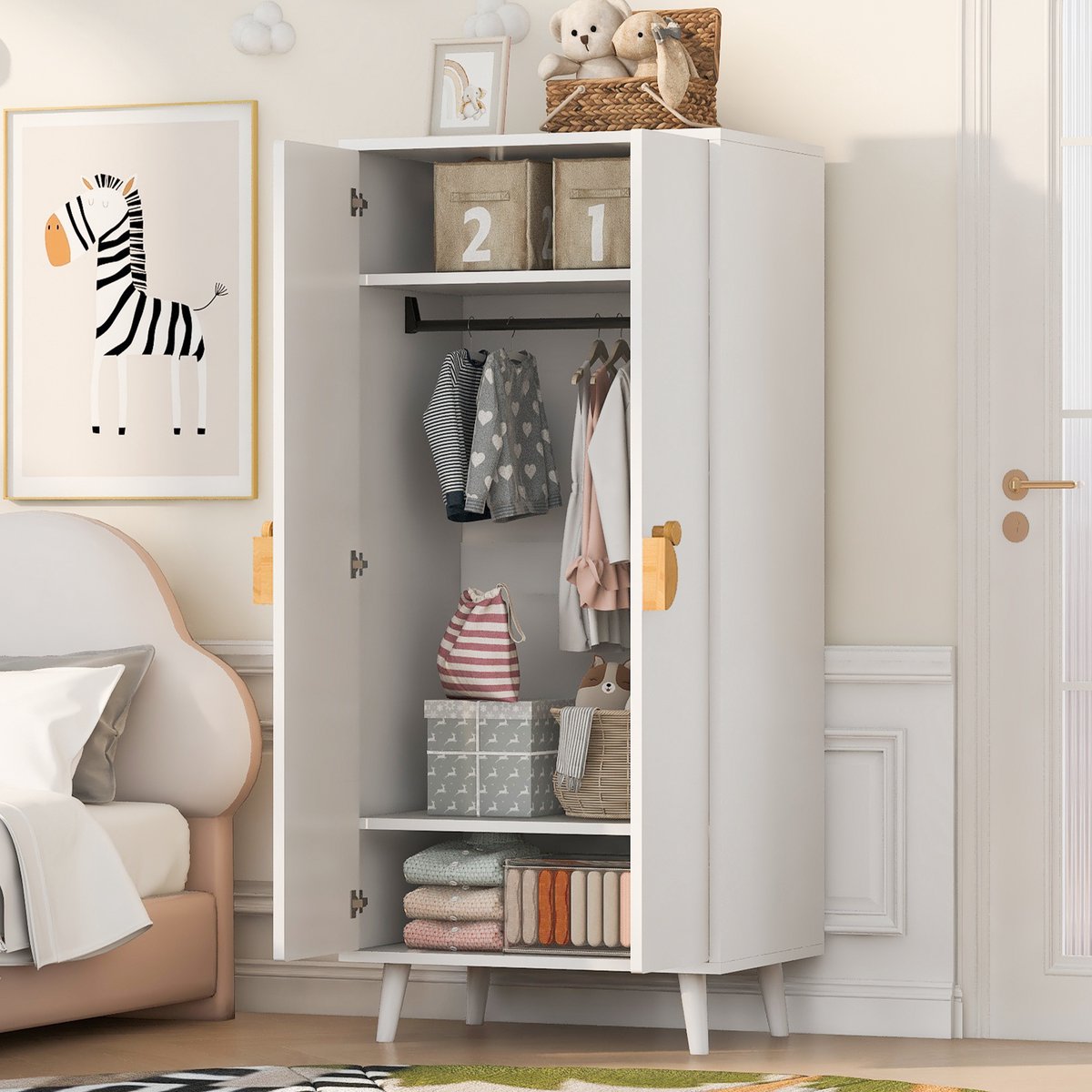 OKWISH Kledingkast Dubbeldeur Met Hanggedeelte En Ruime Opbergruimte Cartoon Handgrepen Verhoogde Voeten Wit 70 x 55 x 170 cm
