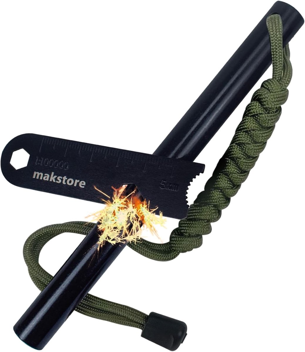 Vuurstarter - Legergroen - 13 cm x 1,3 cm - Magnesium Vuurstaaf met Paracord en Schraper - Voor Outdoor en Survival
