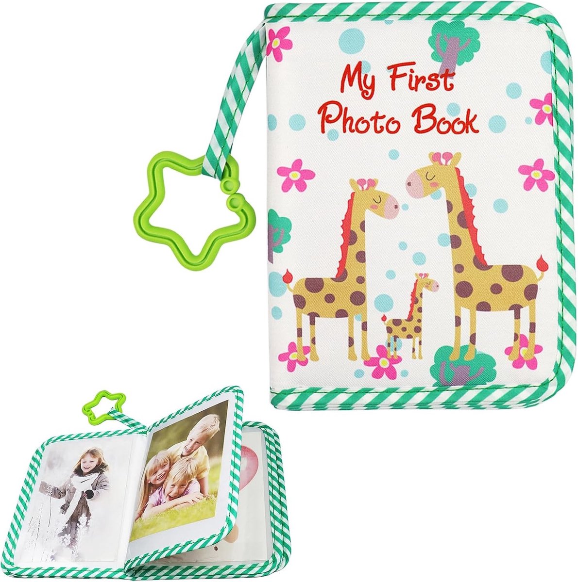 Schattig babyfotoalbum van zachte stof voor het eerste jaar met bijtring en hanger, ideaal als verjaardagscadeau voor kinderen, groen