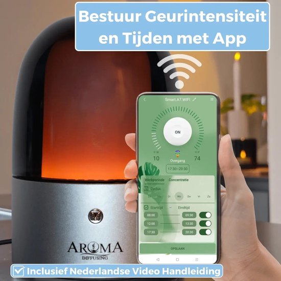 Aroma diffuser met oranje gloed, die wordt bediend via een smartphone-app met instellingen voor intensiteit en tijd.