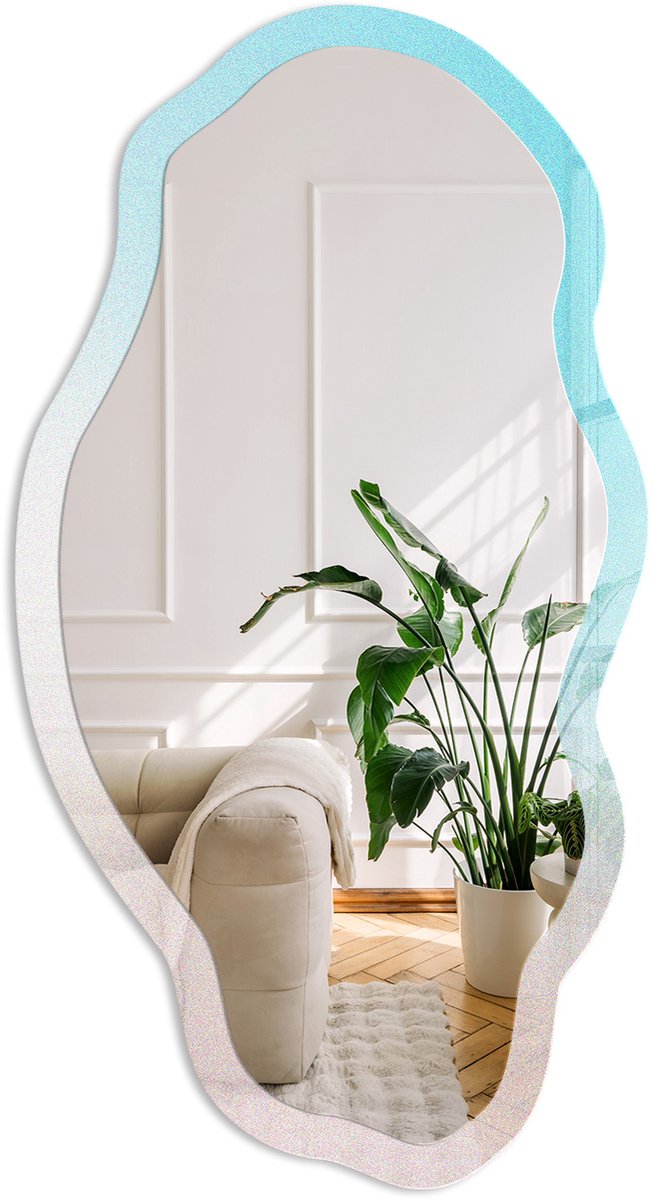 Coloray Pastelkleurige Overgang Spiegel - Blauw Rechthoekige Spiegel Met Modern Design - Organische Spiegel - Slaapkamer, Kantoor, Woonkamer - Boho - 45x90 cm - Totale afmeting 52x97 cm Pastelkleurverloop, Blauw