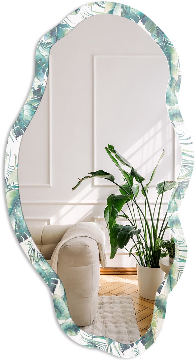 Coloray Tropische Bladeren Spiegel - Groen Strakke Rechthoekige Spiegel - Organische Spiegel - Woonkamer - Modern - 45x90 cm - Totale afmeting 52x97 cm