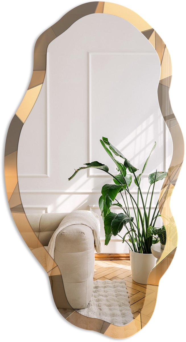 Coloray Ruimtelijk Patroon Spiegel - Beige Elegante Rechthoekige Wandspiegel - Organische Spiegel - Kantoor, Woonkamer, Hal - Geometrisch - 45x90 cm - Totale afmeting 52x97 cm