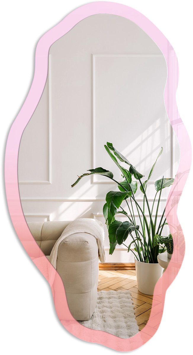 Coloray Zachte Helling Spiegel - Roze Stijlvolle Wandspiegel - Organische Spiegel - Slaapkamer, Kantoor, Woonkamer - Klassiek - 45x90 cm - Totale afmeting 52x97 cm Zachte Kleurovergang, Roze