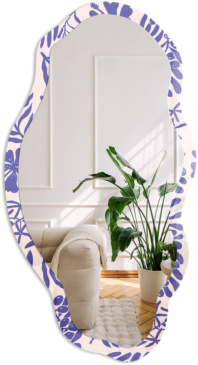 Coloray Tropische Plantkunde Spiegel - Blauw Stijlvolle Wandspiegel - Organische Spiegel - Woonkamer - Illustratief - 45x90 cm - Totale afmeting 52x97 cm