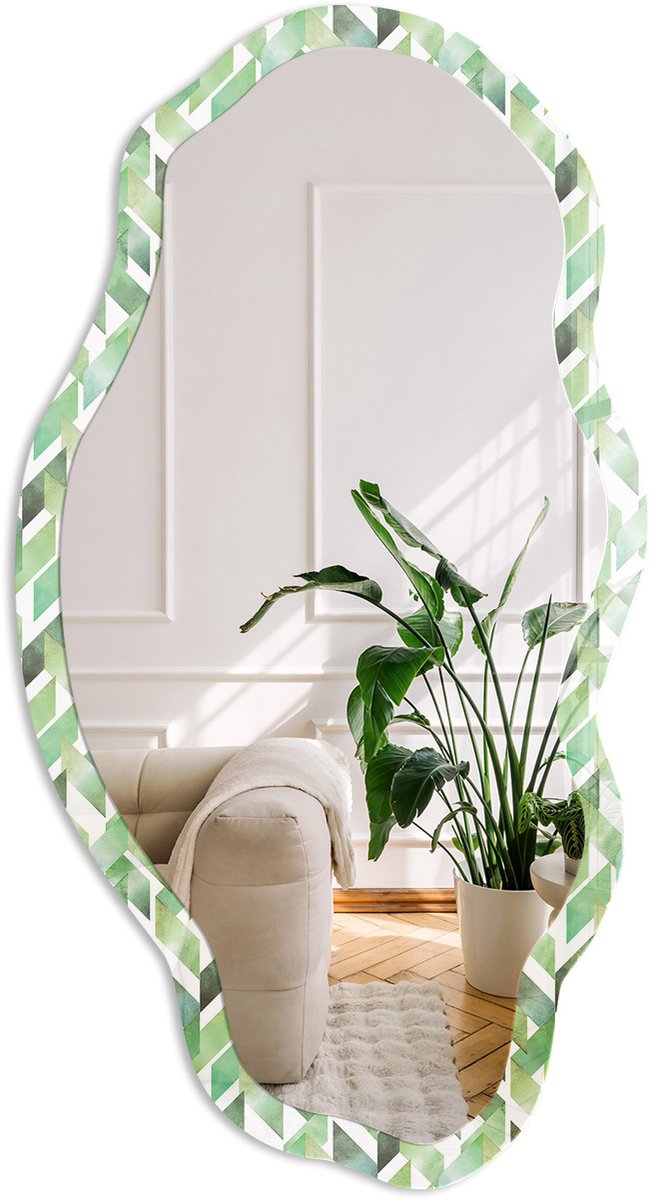 Coloray Groene Geometrie Spiegel - Groen Stijlvolle Wandspiegel - Organische Spiegel - Kantoor, Woonkamer, Hal - Geometrisch - 45x90 cm - Totale afmeting 52x97 cm