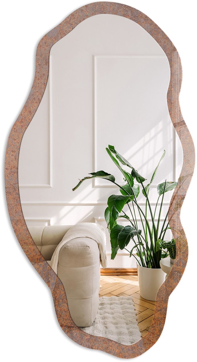Coloray Ruwe Textuur Spiegel - Oranje Stijlvolle Wandspiegel - Organische Spiegel - Woonkamer, Kantoor, Hal - Industrieel / Loft - 45x90 cm - Totale afmeting 52x97 cm
