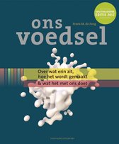 Boek "Ons voedsel" met "Geactualiseerde editie 2017" bovenaan. Abstracte witte spetters op een blauwe achtergrond.