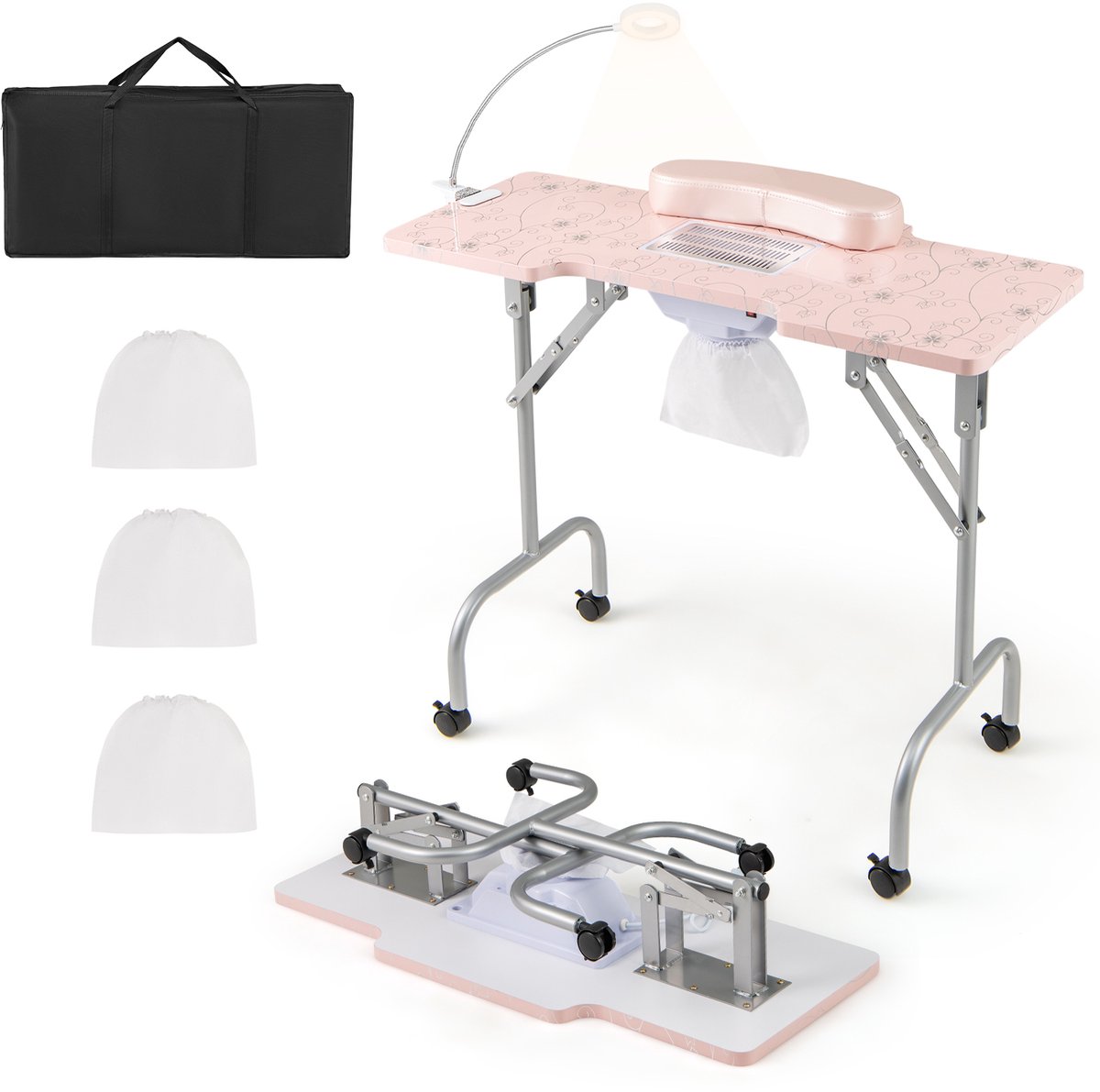 COSTWAY Opvouwbare manicuretafel, nageltafel met elektrische stofafzuiging, ledlamp, polssteun en wieltjes, manicuretafel met marmerlook, incl. draagtas (roze)