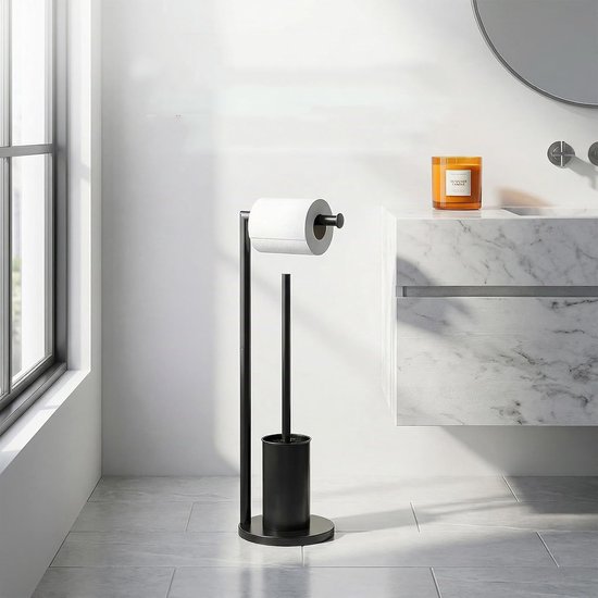 Zwarte toiletrolhouder met toiletborstel in een moderne badkamer.
