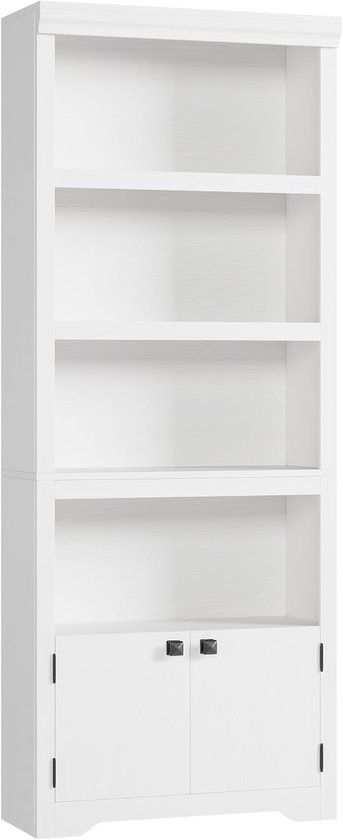 Gedetailleerd zicht op de witte boekenkast met 3 open planken en 2 deuren met vierkante handgrepen aan de onderkant.