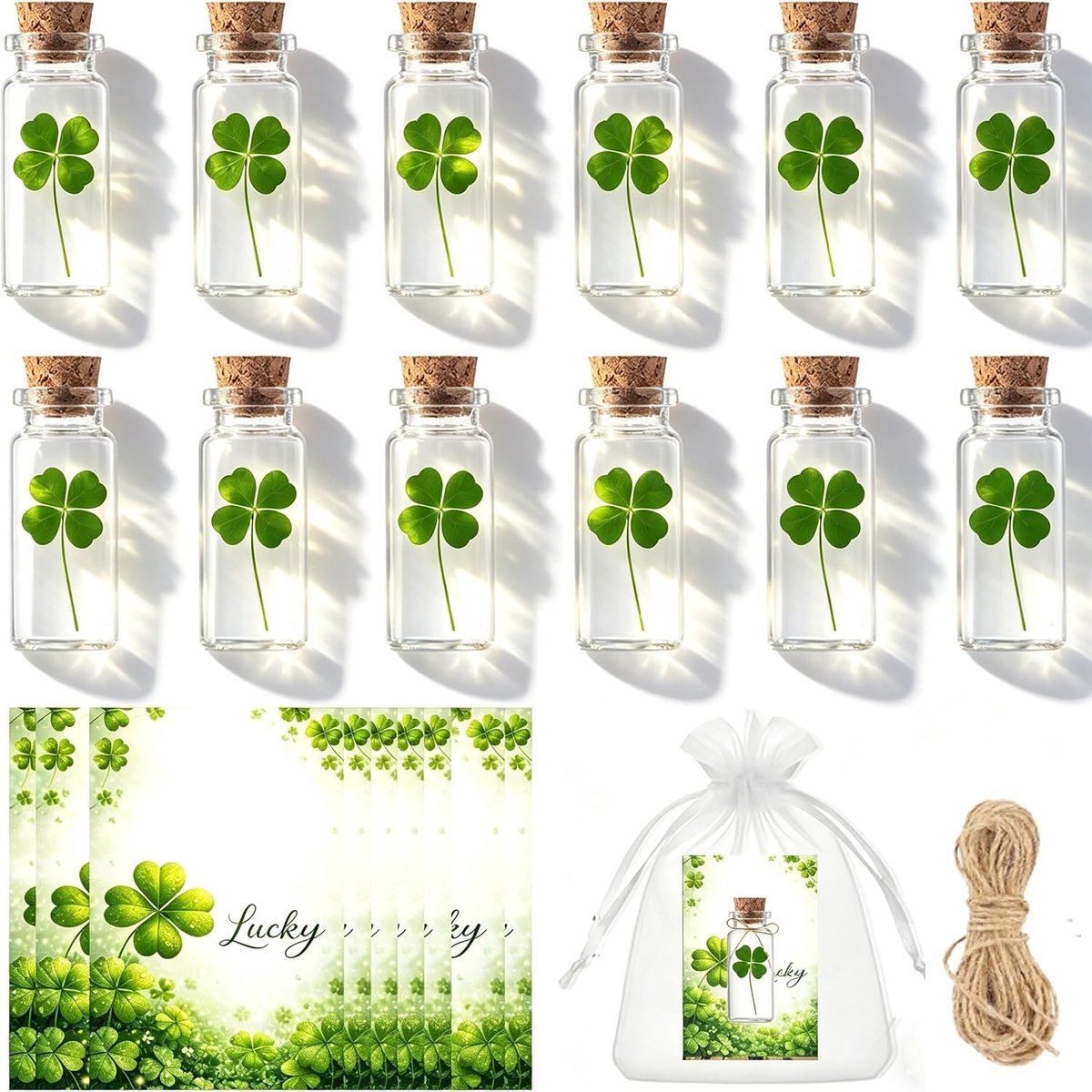 Set van 12 Geluksbrengers - Transparant - Klein - Klaverblad in Glas - Voor Geluk en Positiviteit