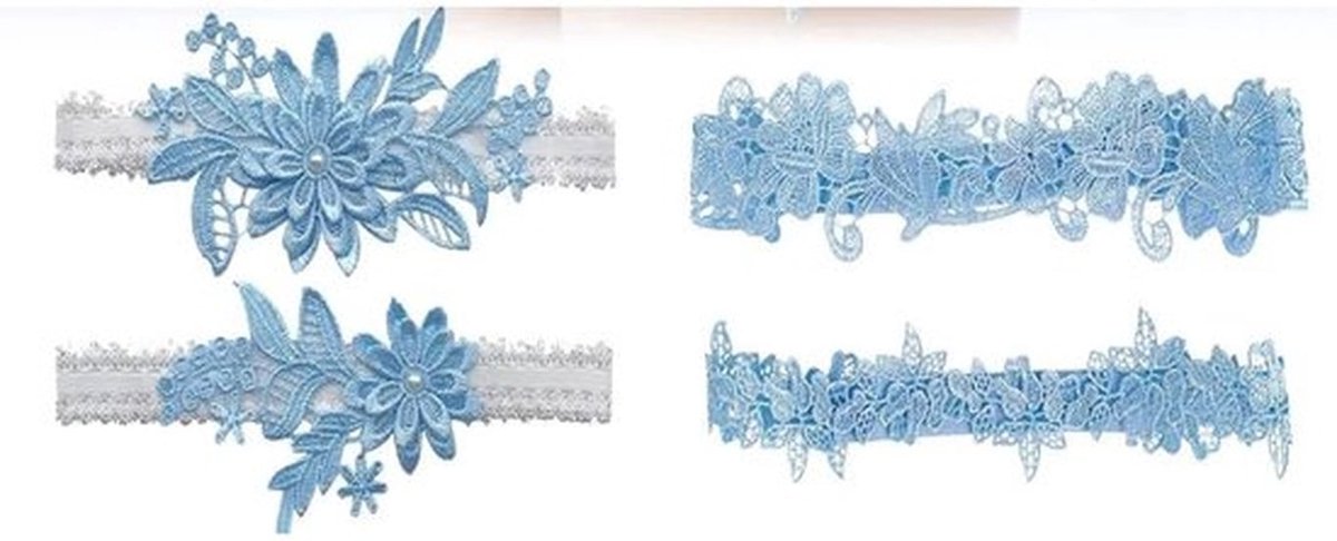 Kousenband Bruiloft - 4 Stuks - Blauwe Bloem/Kant - Elastisch - Zacht/Comfortabel - Geschikt voor Beenomtrek 40-60 cm - Jarretel