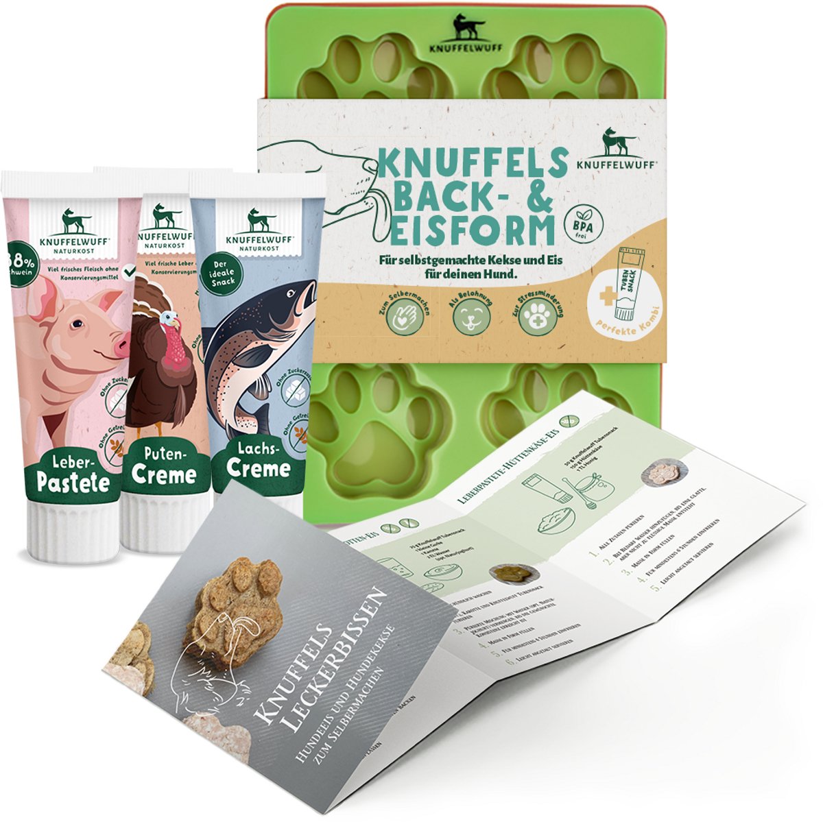 Knuffelwuff Hundekekse und Hundeeis Set mit Silikonform, Rezepten und Tubensnack Mix