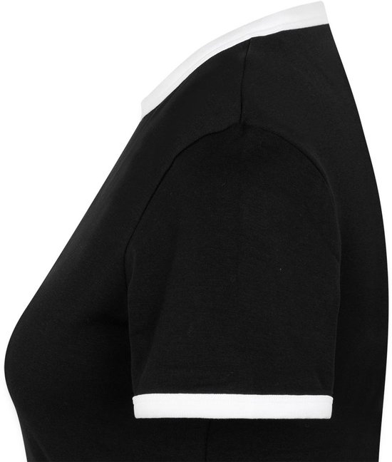 Zwarte dames top met witte boorden aan kraag en mouwen.